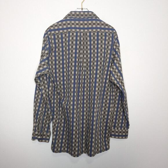 Vintage 70's Gray Blue Check Plaid Long Sleeve Button Up Shirt Front Pocket L - Picture 2 of 8